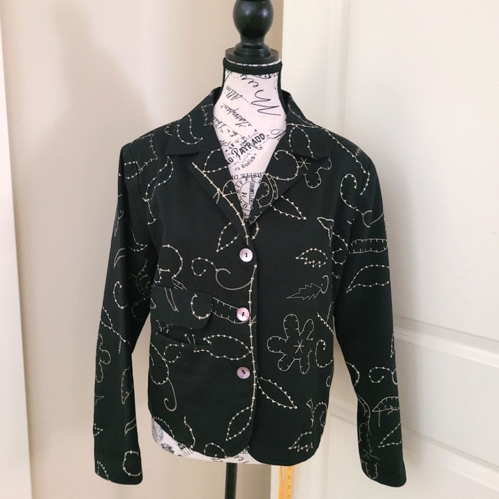 Blazer Embroidered "Alex Kim" Black Cotton Shell Buttons Size Petite L